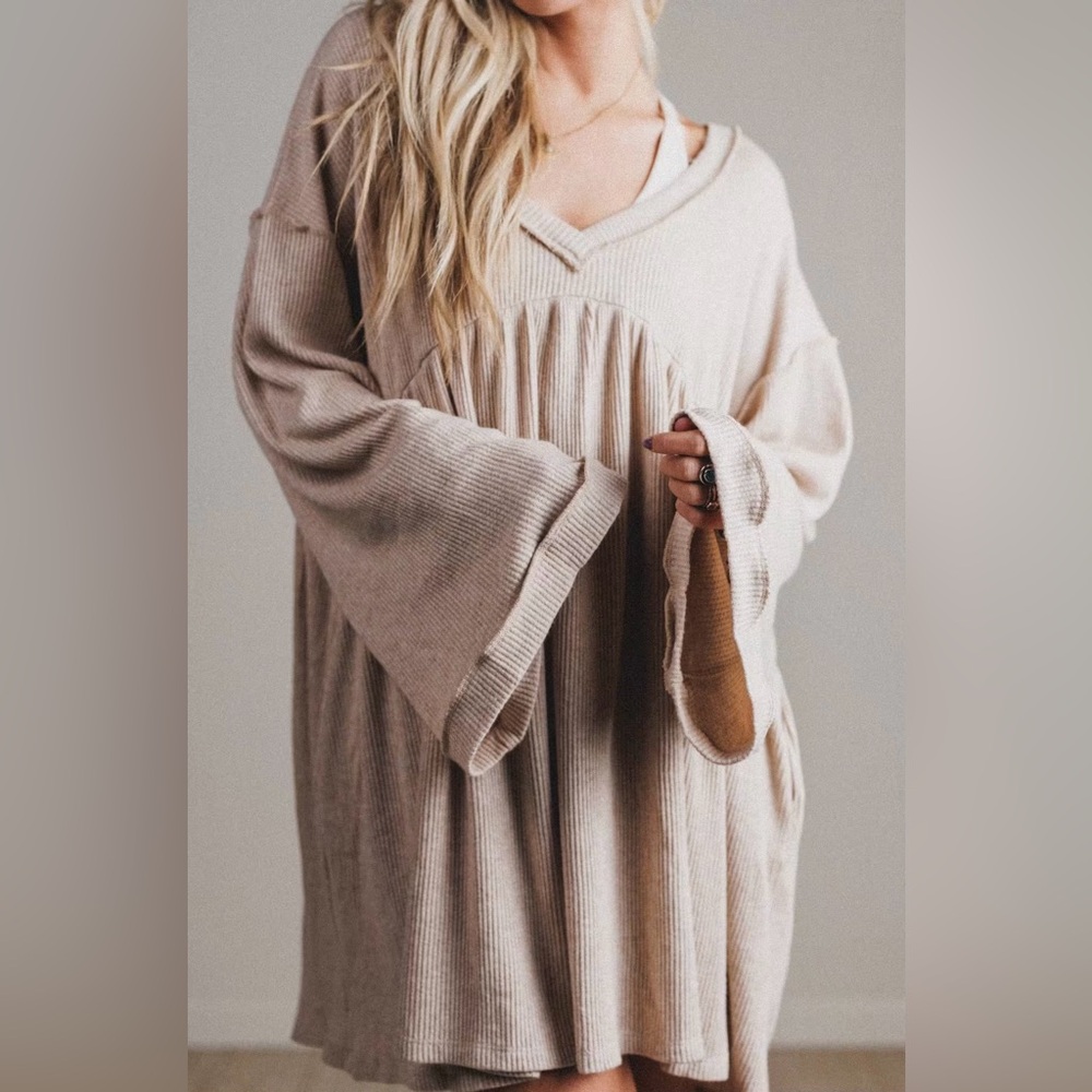 Three Bird Nest Carefree Mini Dress L – Boho Bell Sleeve Swing w/ Pockets